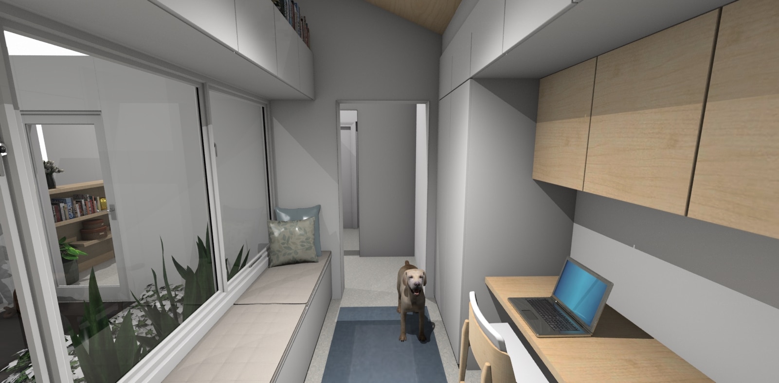 Home office 3D render in a long slim space 1