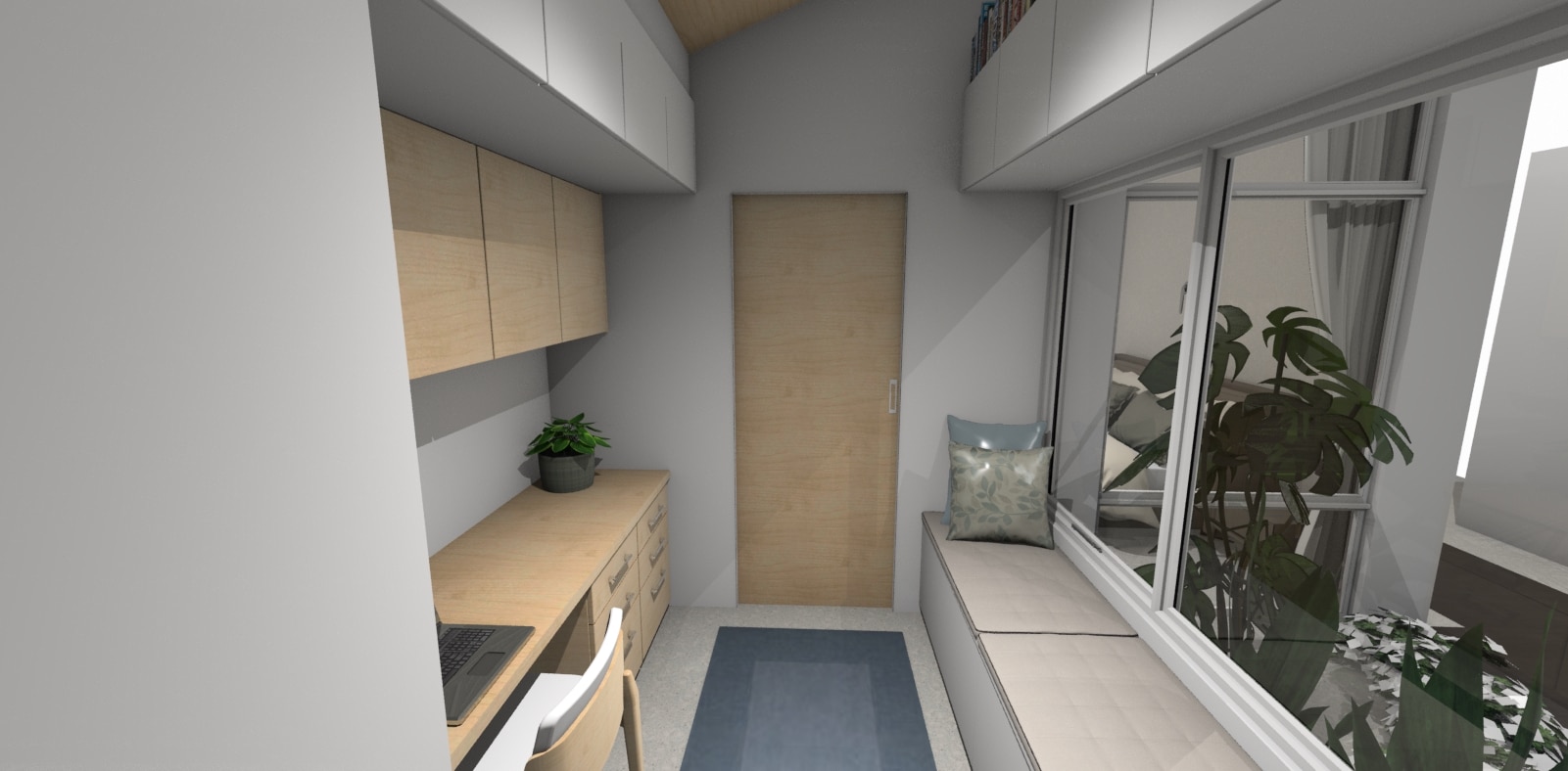 Home office 3D render in a long slim space 2