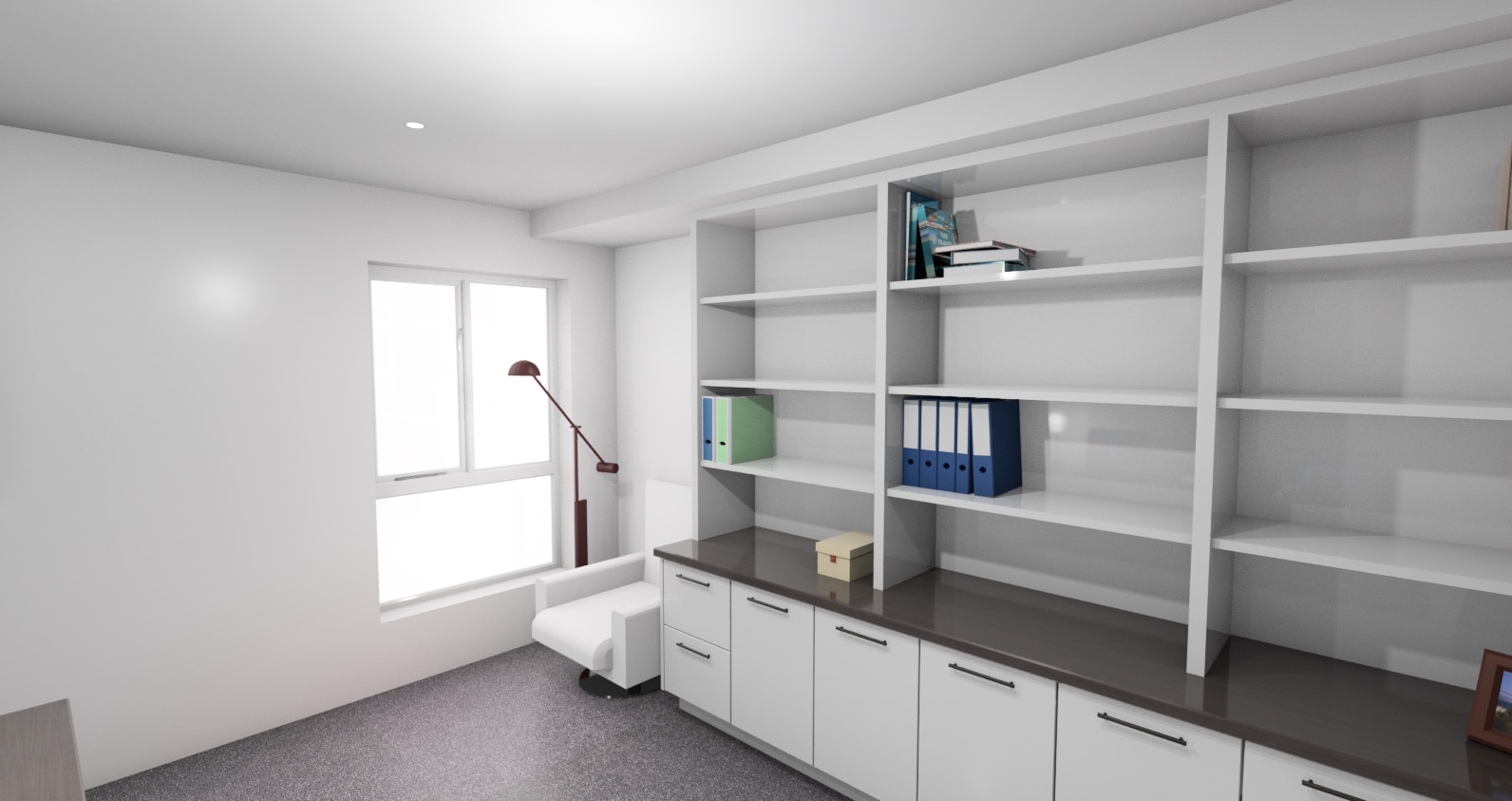Home office 3D render with full wall storage