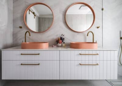 North beach coastal barn ensuite - double vanity and mirrors