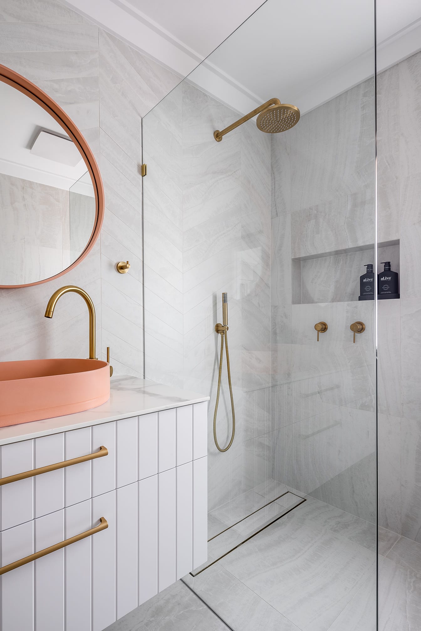 North beach Coastal Barn Ensuite - vanity, tap, basin and shower