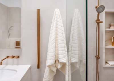 Mount Lawley Traditional Skylit Ensuite - Heated vertical towel rails in brass