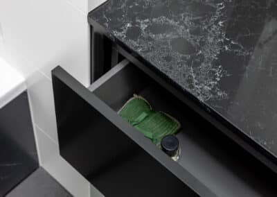 Monochrome Main Bathroom vanity drawer open