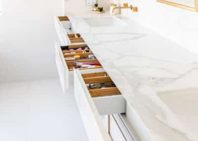 Contemporary bathroom renovation, double vanity with makeup desk, smart cabinetry vanity