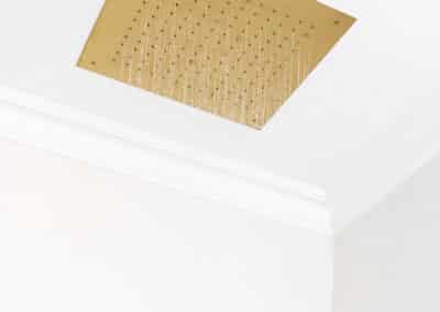 contemporary bathroom renovation, large open shower with brass rain shower head