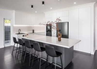 Contemporary kitchen design, monochrome, minimalist