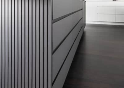 Contemporary, monochrome, minimalist kitchen island bench, surround laminex batten