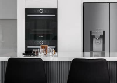 Contemporary, monochrome, minimalist kitchen island bench, surround laminex batten