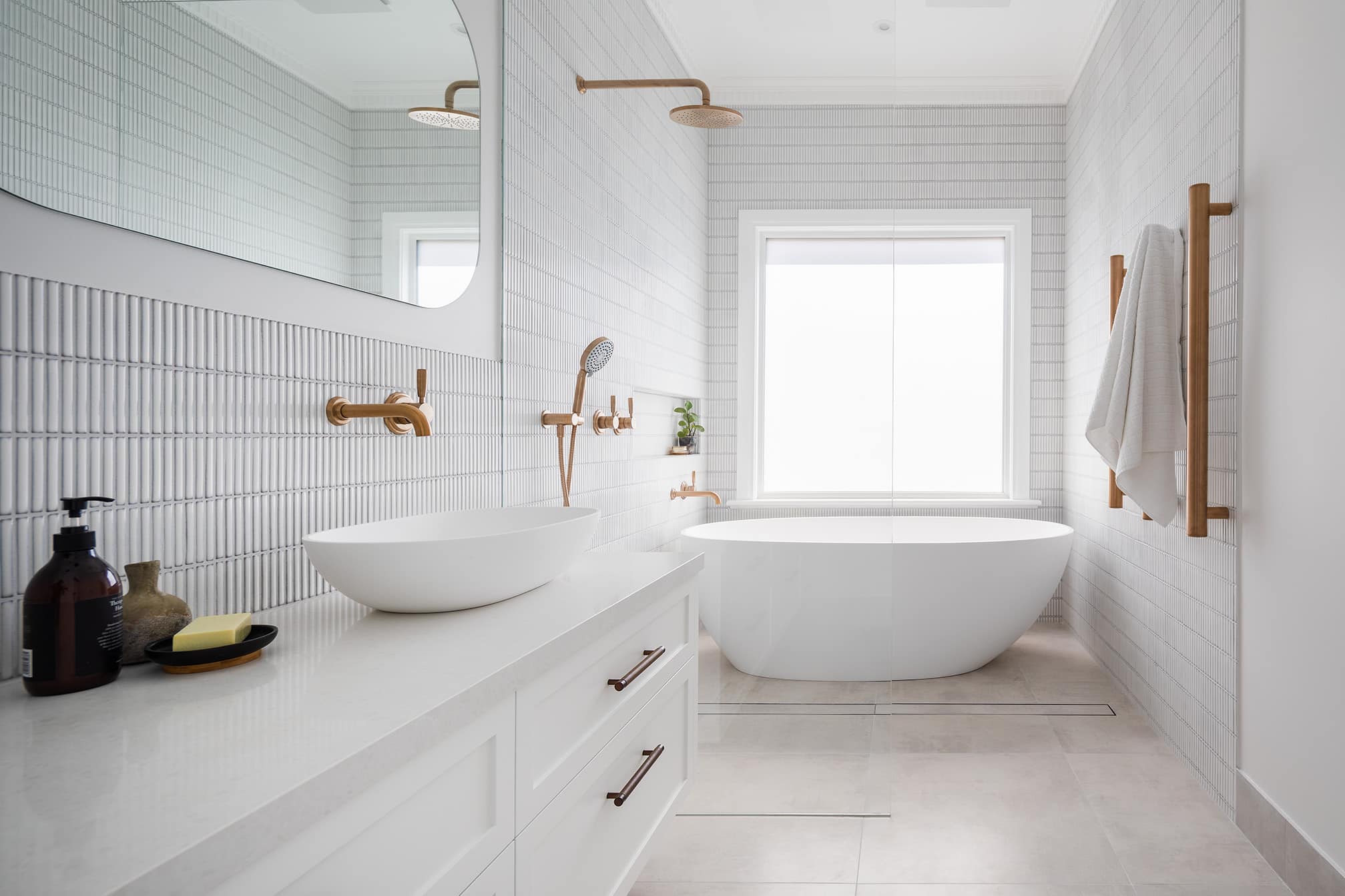 Powder room with white marble stone