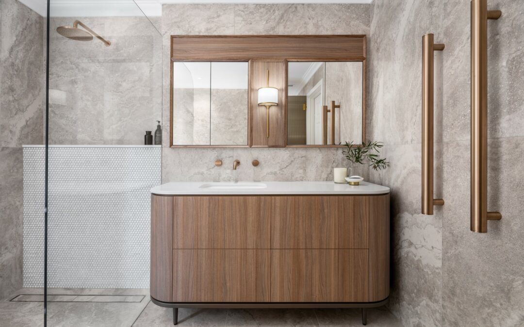 luxury bathroom with timber vanity by Lux Interiors
